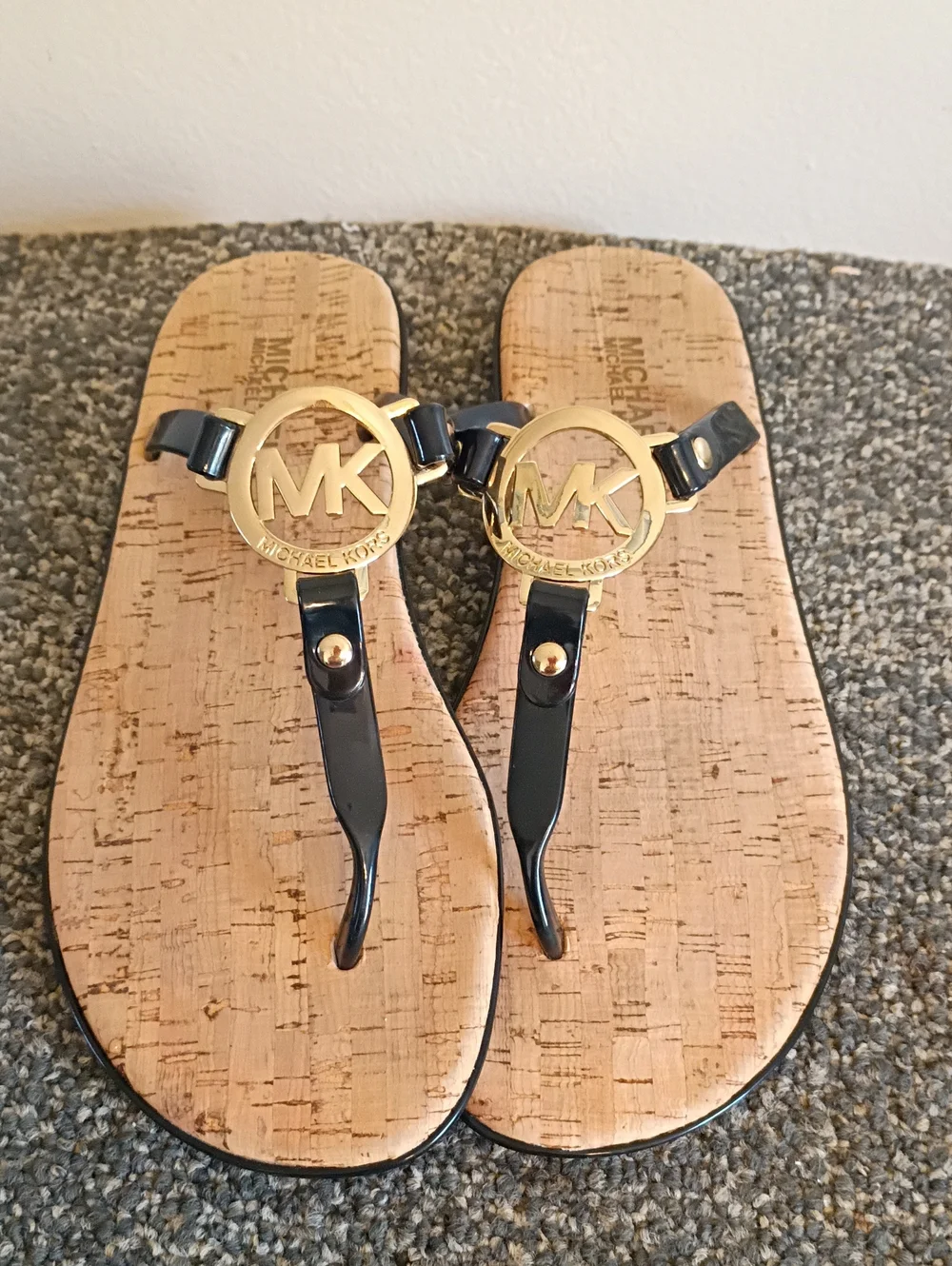 Michael Kors Black and Cork Logo Thong Sandals